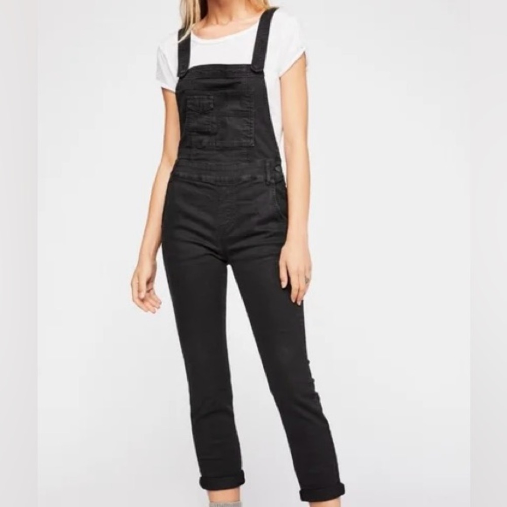 Free People Black Washed Denim Overalls